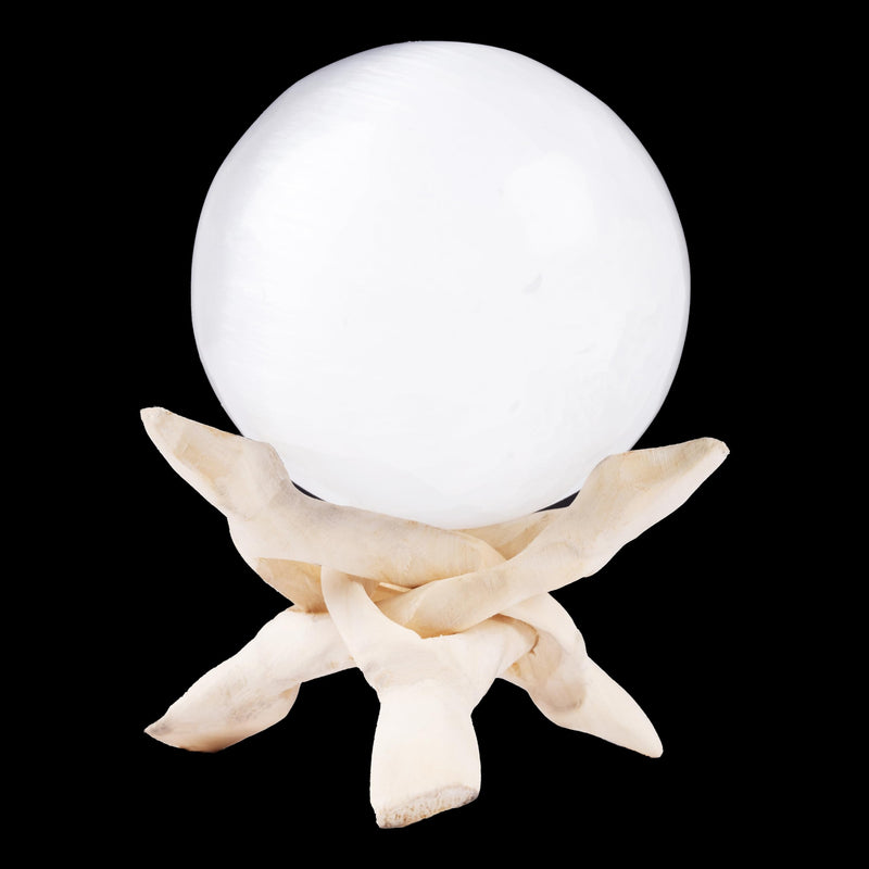 Wish Well Large Selenite Crystal Sphere with Natural Wooden Stand | 3.14" Selenite Crystal Sphere with 4" Wooden Stand for Cleansing, Energy Healing, Protection, Spiritual Decor, and Gifts