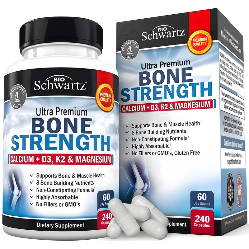 Bone Strength Supplement for Women & Men, 240 Capsules | Vitamin D3 K2 Calcium Magnesium Zinc Boron & More, Gentle Non-Constipating Bone Health Supplement, BioSchwartz, Non-GMO 240 Count (Pack of 1)