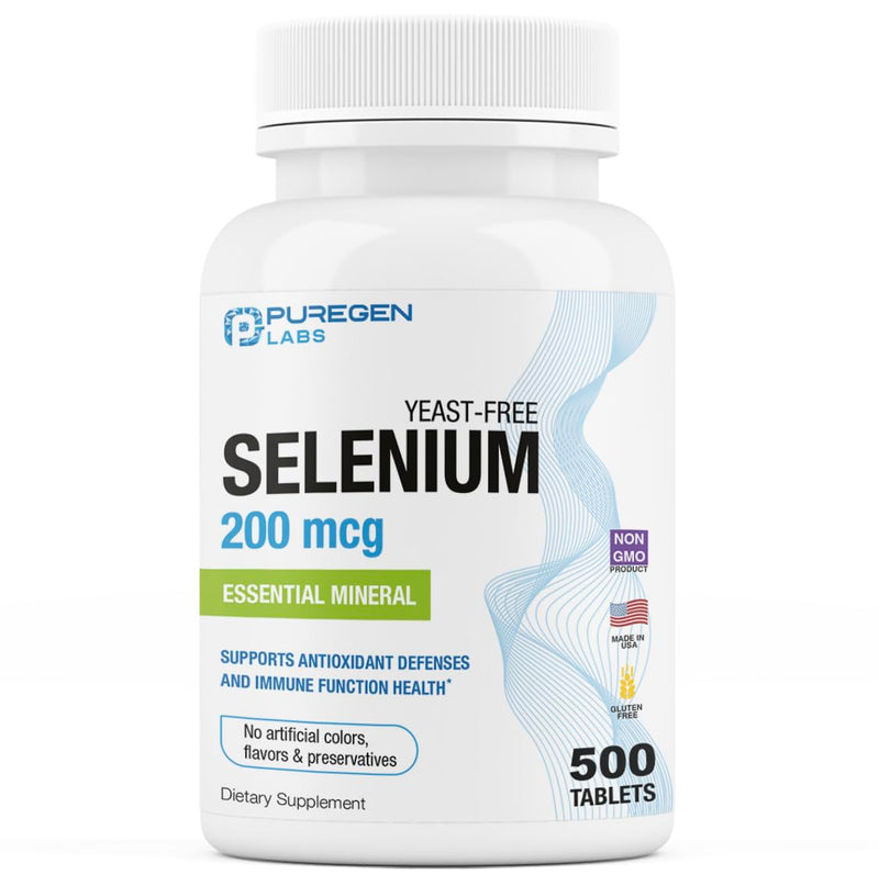 [Australia] - Puregen Labs Selenium 200 mcg Yeast Free Essential Mineral - 500 Vegetarian Tablets | Immune & Antioxidant Support | Non-GMO, Gluten Free, Made in USA 