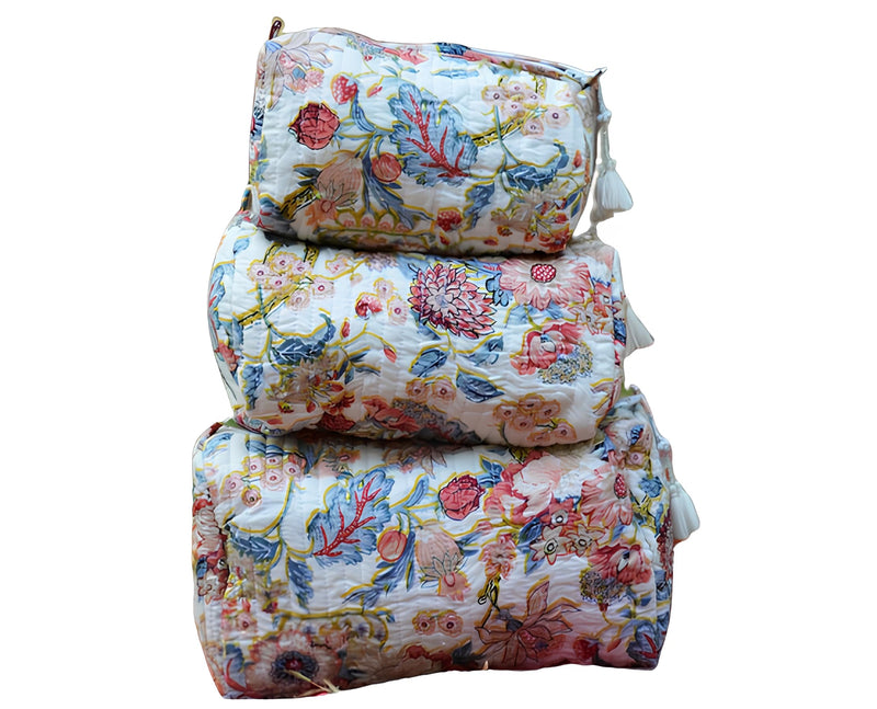 INDACORIFY Indian Cotton Floral Print Toiletry Bag Set of 3 Pieces Quilted Travel Shaving Kit Make up Pouch