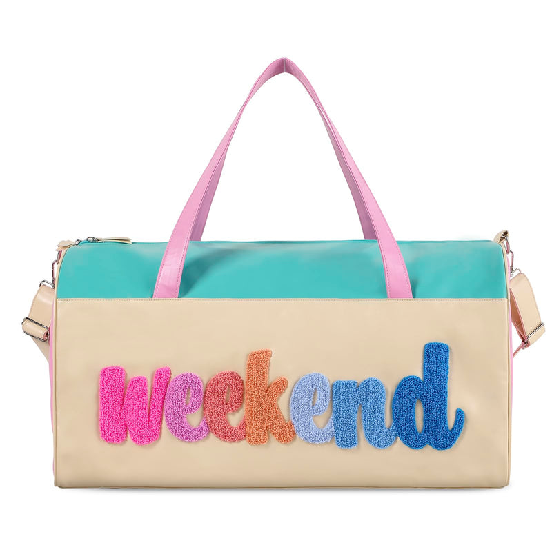 DYSHAYEN Travel Duffle Bag for Women, Weekend | Pu Leather, Chenille Letter Embroidery, Large Weekender Overnight Bag