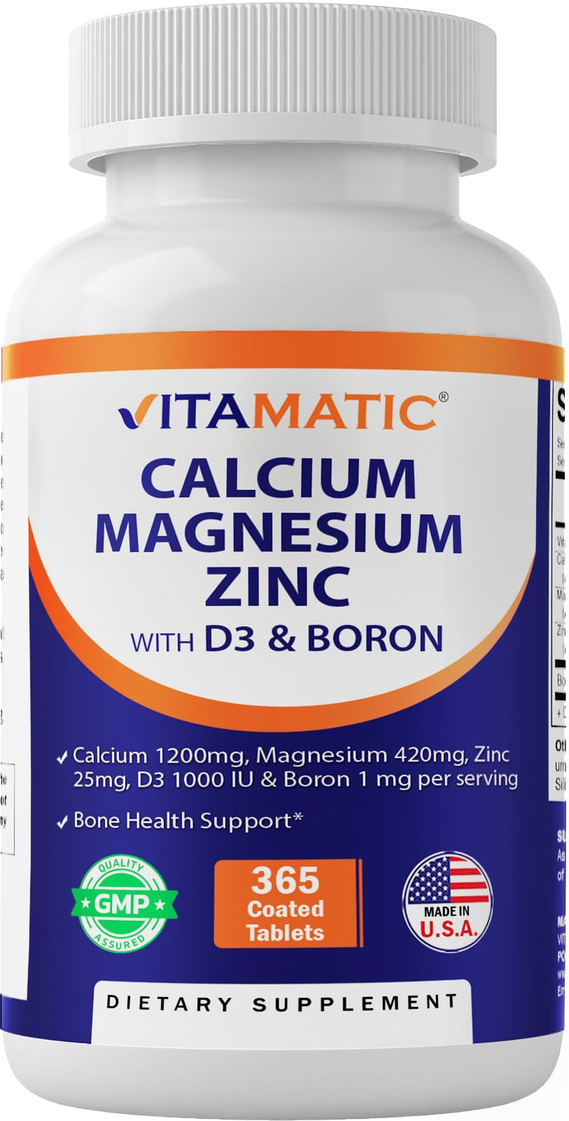 [Australia] - Vitamatic Calcium Magnesium Zinc D3 Boron | 365 Coated Tablets Supplement | Calcium 1200 mg, Magnesium 420mg, Zinc 25mg, Vitamin D3 1000 IU, Boron 1 mg | Non-GMO | Gluten Free | Made in USA 