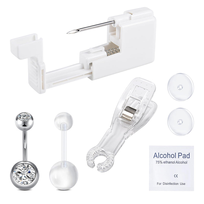 [Australia] - QWALIT Belly Button Piercing Kit Gun Belly Piercing Kit Belly Button Piercing Gun Navel Piercing Kit Belly Button Ring Piercing Kit Silver Belly Piercing Gun A1-round CZ-Silver 