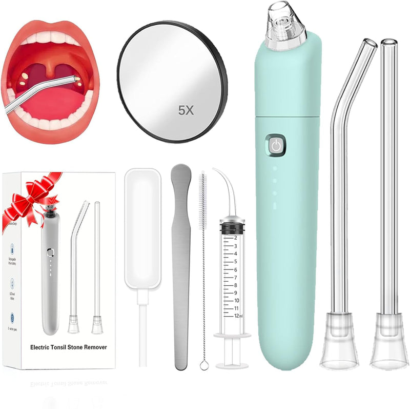 [Australia] - Tonsil Stone Remover Vacuum Electronic Tonsil Stone Removal Kit Instant Suction Tool Oral Irrigator Tonsil Stones Syringe Tongue Depressor 5X Magnifying Mirror 3 Modes Easy to Use Green 