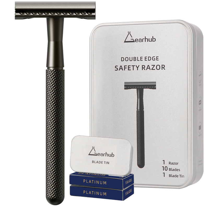 [Australia] - Gearhub Double Edge Safety Razor Stainless Steel Metal Reusable Wet Shaving Razor with 10 Swedish Platinum Blades for Men Women Barber Bikini Armpit Hair, Matte Gunmetal Black GRB3G 