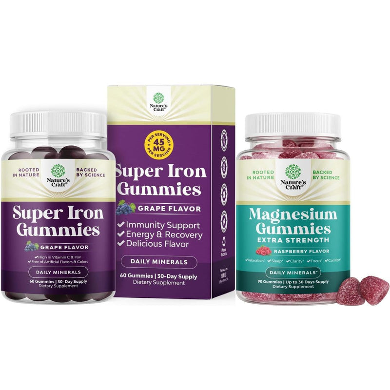 Bundle of Delicious Iron Gummies for Women and Men - Iron Supplement for Women and Men with Vitamin C for Higher Absorption and Extra Strength Magnesium Gummies for Adults - Relaxing Magnesium Citrate