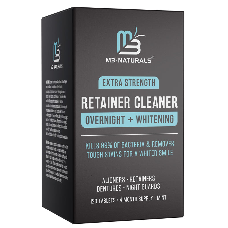 [Australia] - Overnight + Whitening Retainer Cleaner, Remove Stains, Discoloration, and Plaque | 4 Month Supply | Denture Cleanser with Whitening Boost,120 Tablets by M3 Naturals Overnight Whitening (120 Count) 