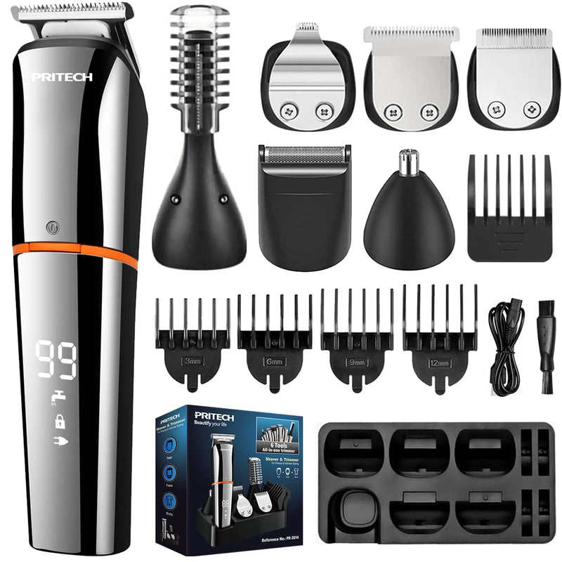 [Australia] - PRITECH Beard Trimmer for Men,6 in 1 Hair Clippers Kit, Precision Cordless Grooming Kit Waterproof IPX6 for Beard, Hair, Body, Nose, Ear, with Foil Razor (Silver) Silver 