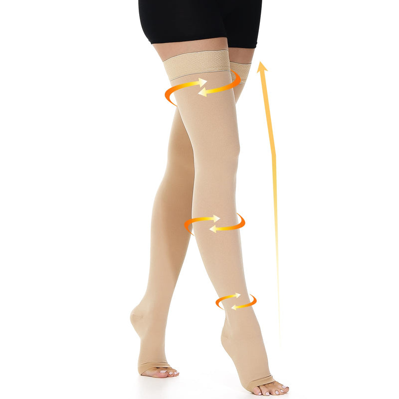 [Australia] - beister 15-20 mmHg Open Toe Medical Compression Stockings for Women Men, Thigh High Graduated Compression Socks with Dot Silicone Band, Support Circulation Pressure Stockings for Varicose Veins, Edema Beige Large 
