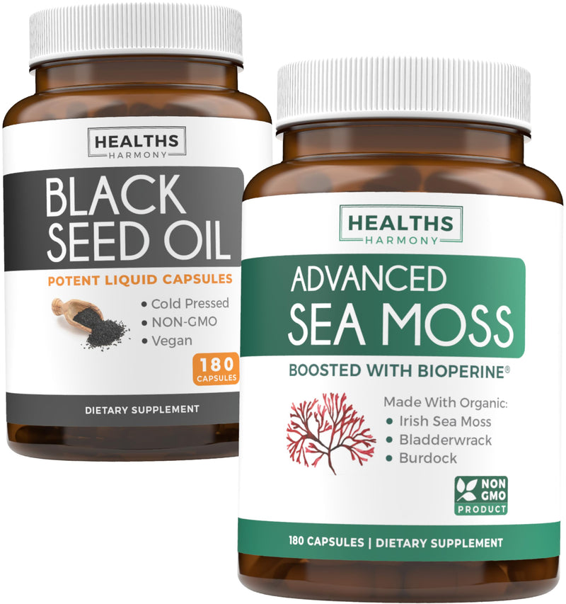 Black Seed Oil & Irish Sea Moss (3-Month Supply) - Power Duo Bundle of Black Seed Oil (180 Capsules) Cold-Pressed Nigella Sativa & Irish Sea Moss (180 Capsules) with Bioperine and Bladderwrack