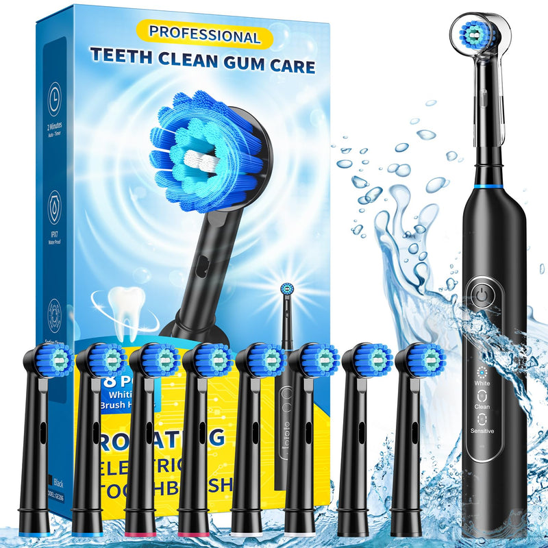 TEETHEORY Rotating Electric Toothbrush for Adults with 8 Brush Heads, Sensitive Gum Care Electric Toothbrush with 3 Modes and 2 Min Smart Timer, Rechargeable Last 60 Days Black 1 Count (Pack of 1)