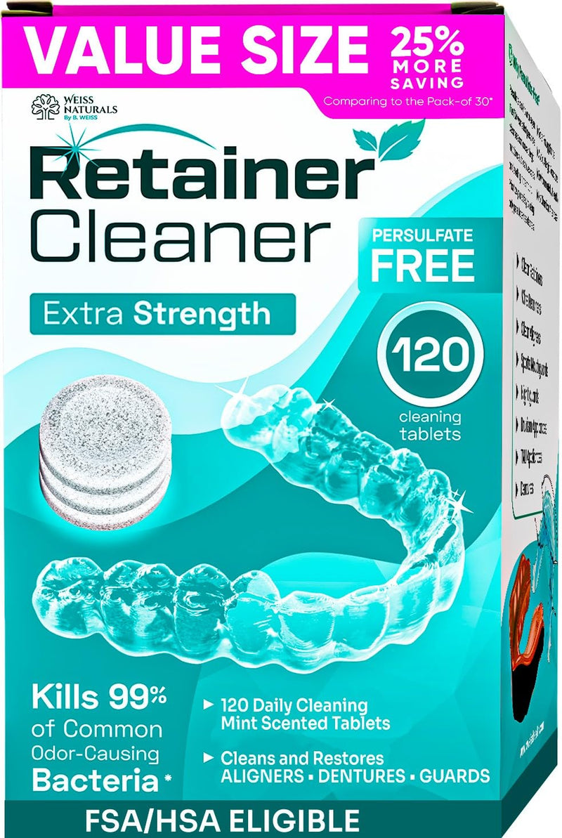 [Australia] - Weiss Naturals Retainer Cleaner Tablets, Invisalign Cleaner, Remove Stains, Odors & Plaque, PERSULFATE FREE Night Guard & Denture Cleaner 4-Month Supply, 120 Mint Scented Tablets 1 Count (Pack of 120) 