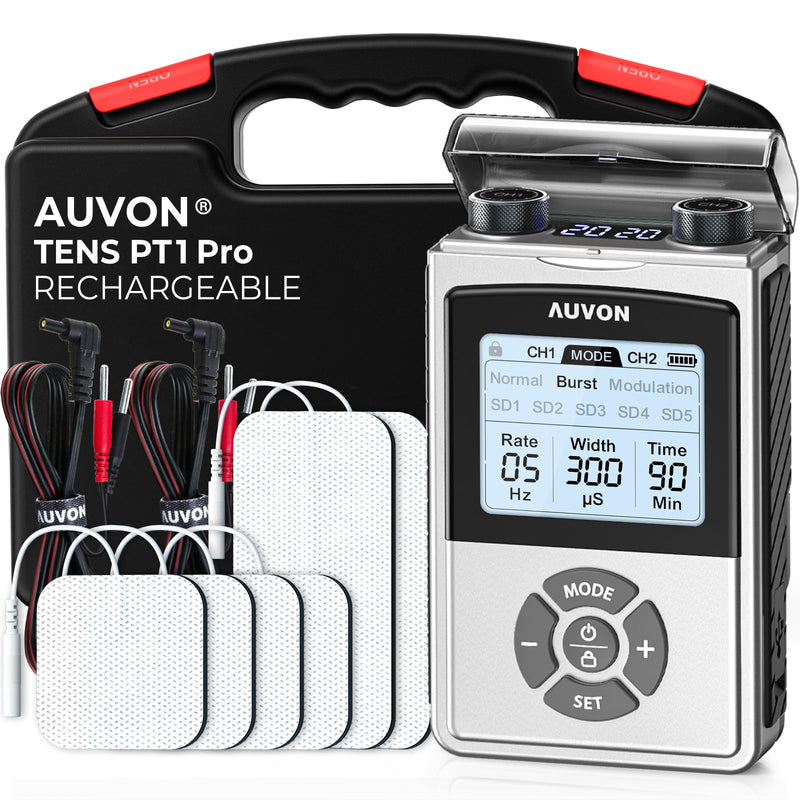 AUVON Rechargeable Digital TENS Unit Muscle Stimulator with 600 mAh Battery | TENS Machine with 40 Levels for Gradual Shoulder, Back, Muscle Pain Relief, 8 Customizable Modes, 6 TENS Pads, A Carry Case A Silver