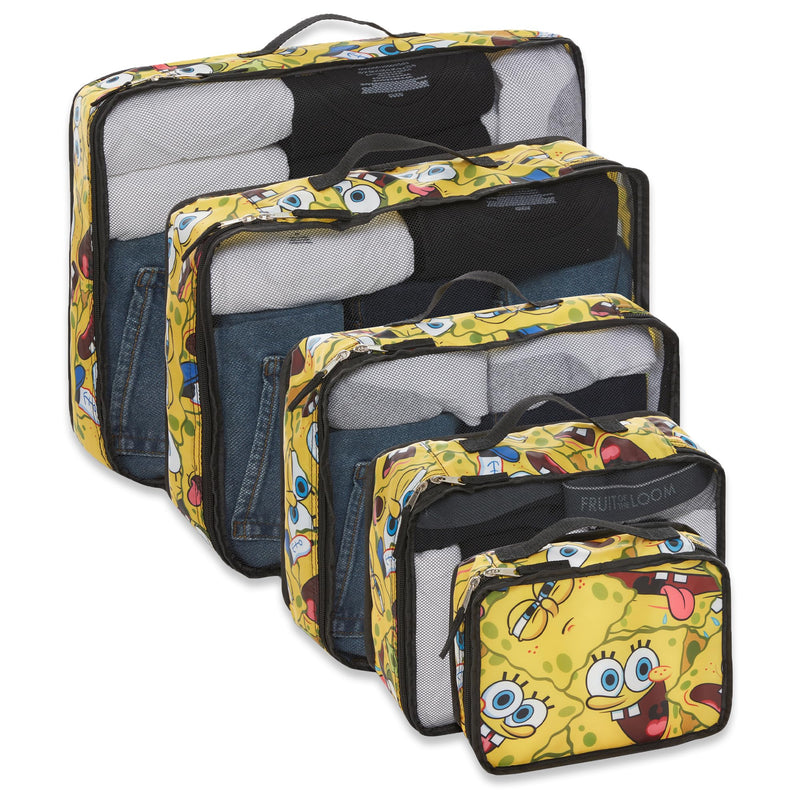 SpongeBob SquarePants Packing Cubes - Patrick Mr Krabs 5 Piece Travel Luggage Organizer Suitcase Accessories for Kids Teens Adults - Nickelodeon Licensed Gift Set