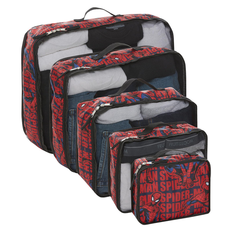 Marvel Spiderman 5-Piece Packing Cube Set - Spiderman, Ironman, Captain America - 5 Piece Packing Cubes Compression Travel Essential Accessories - Luggage Suitcase Organizer Set - For Kids, Adults Black