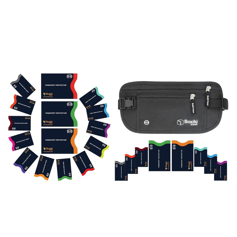 Boxiki Travel RFID Protection Bundle: Sleeves Set with Color Coding and Black Money Belt with RFID Sleeves