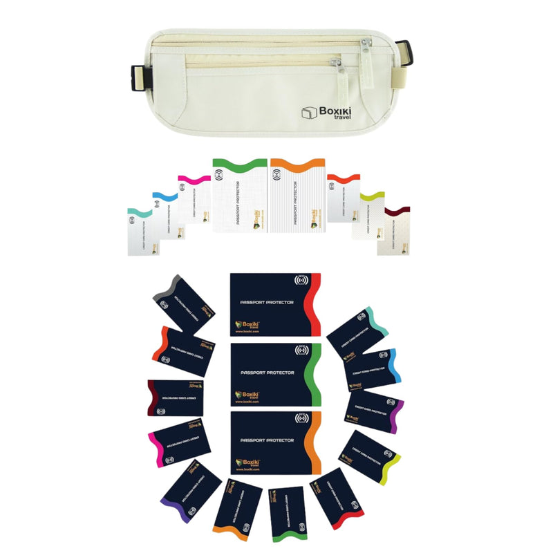 Boxiki Travel RFID Protection Bundle: Money Belt with RFID Sleeves Set and RFID Blocking Sleeves