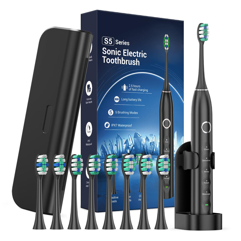 [Australia] - Electric Toothbrush for Adults with 8 Brush Heads, Sonic Toothbrush Rechargeable with a Holder & Travel Case, 2.5 Hours Charge for 120 Days Use Black 8 Count (Pack of 1) 
