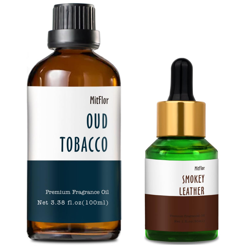 MitFlor Oud Tobacco & Smokey Leather Fragrance Oil - 30ml & 100ml, 2-Pack Aromatherapy Oil for Soap, Candle, Perfume & Diffuser
