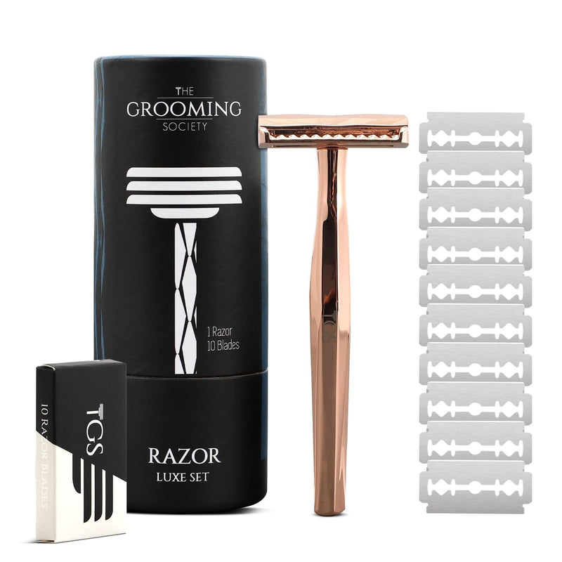 [Australia] - Double Edge Safety Razor, Classic for Men and Women, Reusable Safety Razor, Metal Long Handle Safety Razor, 10 Blade Refill Rose Gold 