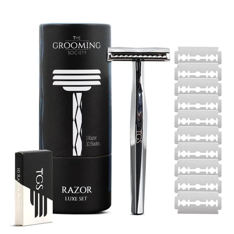 Double Edge Safety Razor, Classic for Men and Women, Reusable Safety Razor, Metal Long Handle Safety Razor, 10 Blade Refill Silver