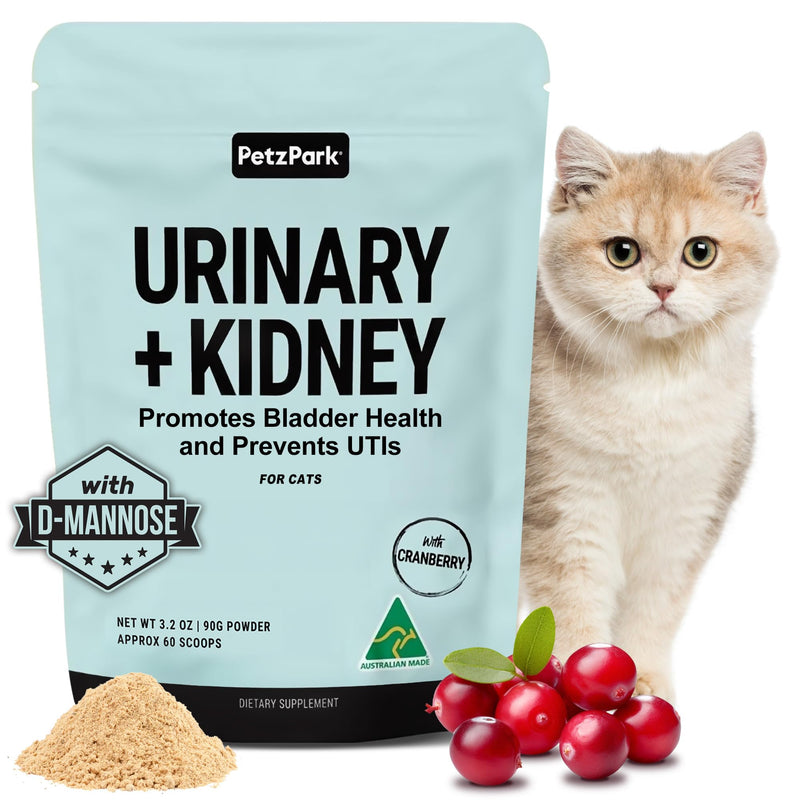 Urinary and Kidney Powder Supplement for Cats - Cranberry, Nettle Seed, D-Mannose for Cat UTI Treatment, Urinary Tract Health, and Kidney Care - Fast UTI Relief & Prevention - 60 Scoops - PawsPlanet Australia