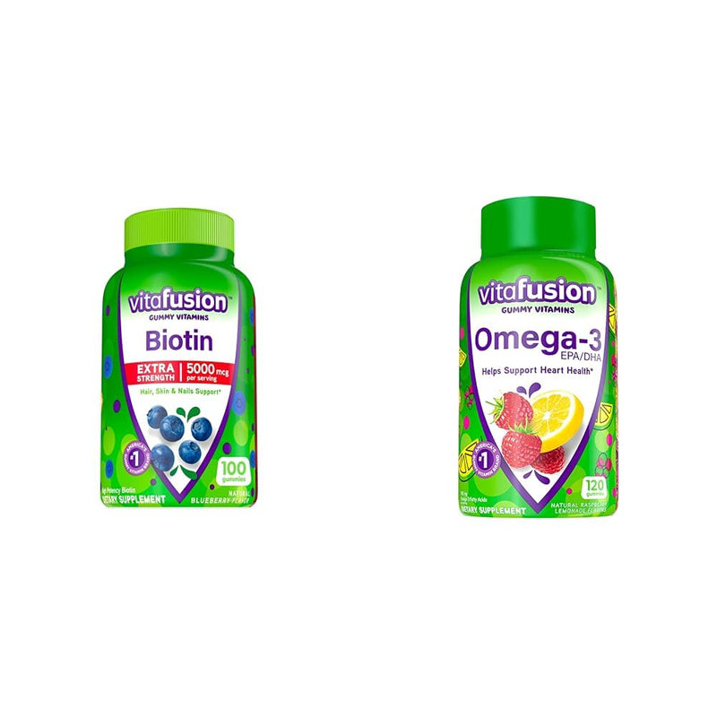 Vitafusion Extra Strength Biotin Gummy Vitamins, Berry Flavored, 5,000 mcg Biotin Vitamins, America’ & Omega-3 Gummy Vitamins, Berry Lemonade Flavored, Heart Health Vitamins(1)