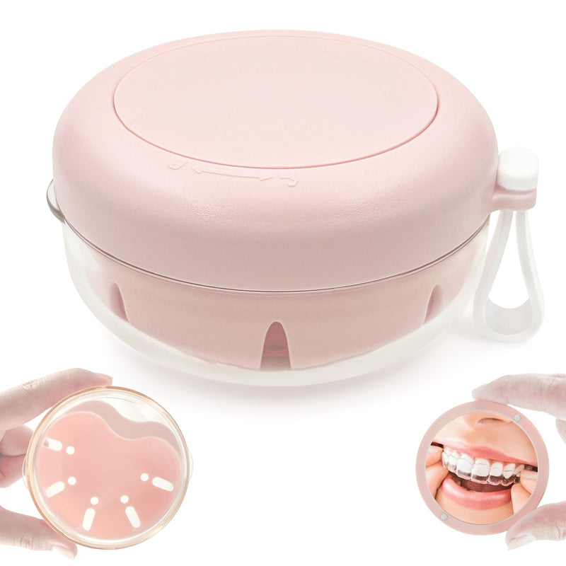 [Australia] - Denture Case & Cup, Travel Retainer Case with Mirror, No-Leak False Teeth Cleaning Container: Full & Partial Dentures Soaking, Denture Bath Holder for Mouth Guards, Braces, Aligners (Pink) Pink 