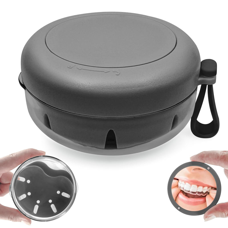 [Australia] - Denture Bath Case - False Teeth Container with Mirror, No-Leaking Retainer Cleaning Box, Travel Denture Holder Cup for Soaking Full & Partial Dentures, Mouth Guards, Braces, Aligners Black 