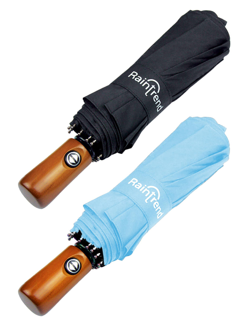 Raintrend 2 Pack Umbrellas for Rain Windproof Travel Black and Sky Blue Umbrella - Large Double Canopy but Compact Folding Portable - Automatic Strong Wind Resistant Construction