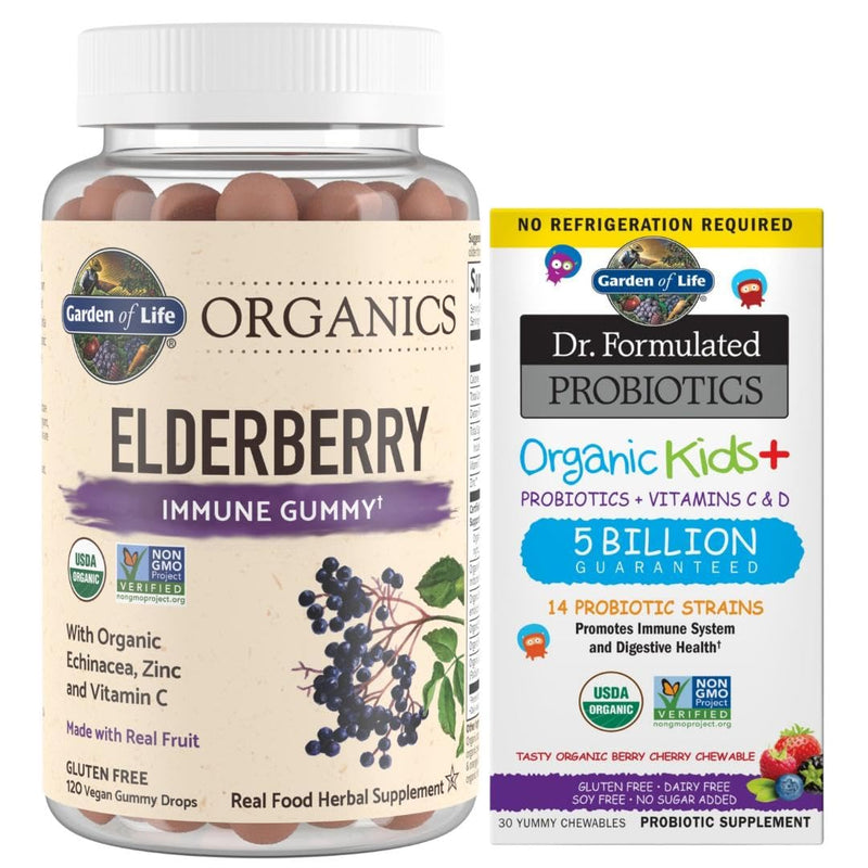 Garden of Life Organics Elderberry Gummies for Adults & Kids - Immune Support Supplement & Dr. Formulated Probiotics Organic Kids+ Plus Vitamin C & D - Berry Cherry Elderberry Gummies + Probiotic