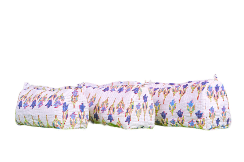 Generic Set of 3 Pieces Indian Handmade Cotton Quilted Handmade Floral Hand Block Print Toiletry Bag,Cosmetic Pouch Bag Makeup Bag For Women (Cotton, White A), 44999