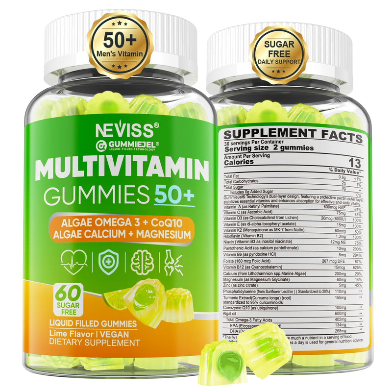 Multivitamin for Men 50 + Plus, Sugar Free Men Multivitamins Gummies w/Omega-3, Coq10, D3k2, Calcium, Magnesium, Zinc, Vitamins A, C & E, Mens Vitamins for 𝖧𝖾𝖱𝗍, Antioxidant, Brain, Bone, 60cts