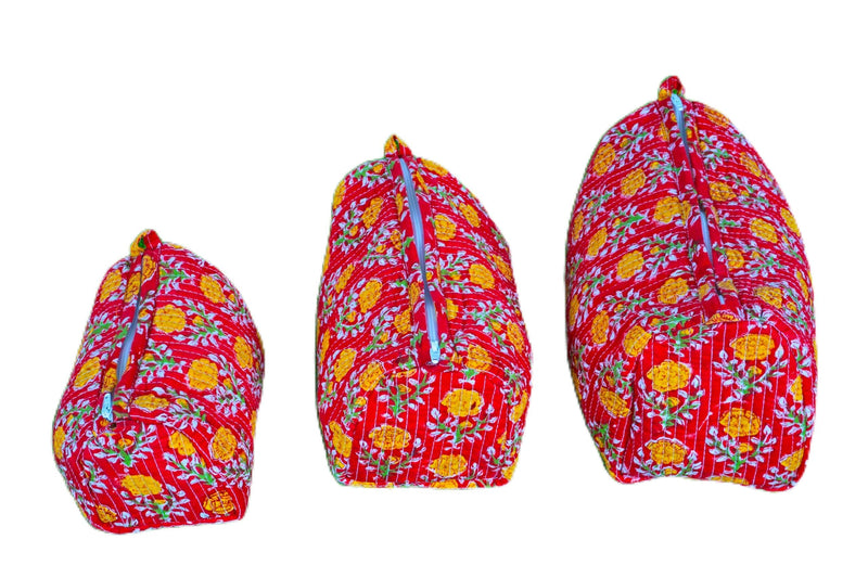 Generic Set of 3 Pieces Indian Handmade Cotton Quilted Handmade Floral Hand Block Print Toiletry Bag,Cosmetic Pouch Bag Makeup Bag For Women (Cotton, Orange), 44999