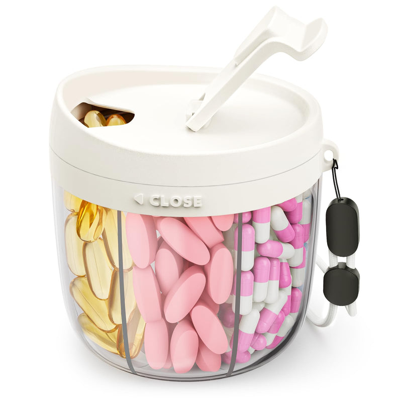 AMOOS Cute Pill Dispenser with Anti-Mix Design, 7-Slot, BPA-Free, Patented | Portable Travel Pill Organizer, Wide Mouth for Easy Access, Pill Bottle Organizer for Vitamins, Fish Oils, Supplements, White