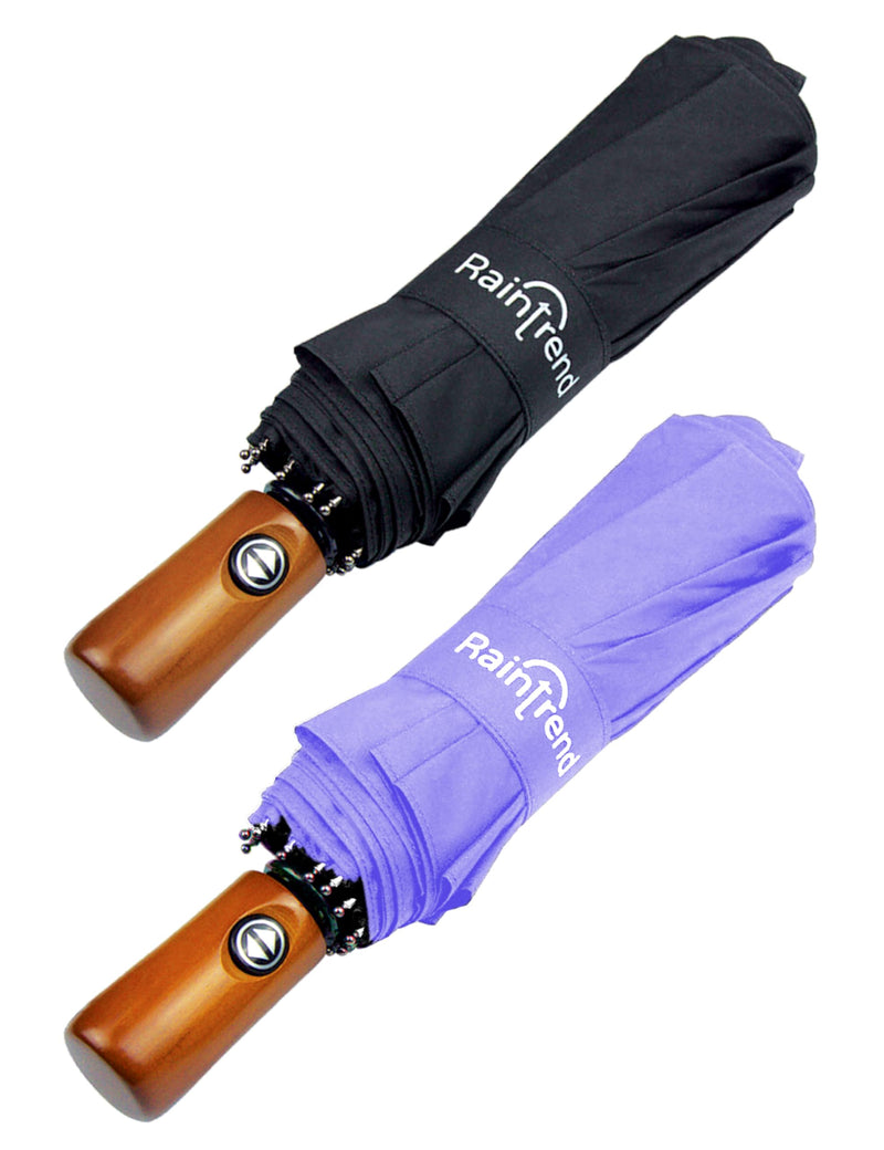 Raintrend 2 Pack Umbrellas for Rain Windproof Travel Black and Purple Umbrella - Large Double Canopy but Compact Folding Portable - Automatic Strong Wind Resistant Construction