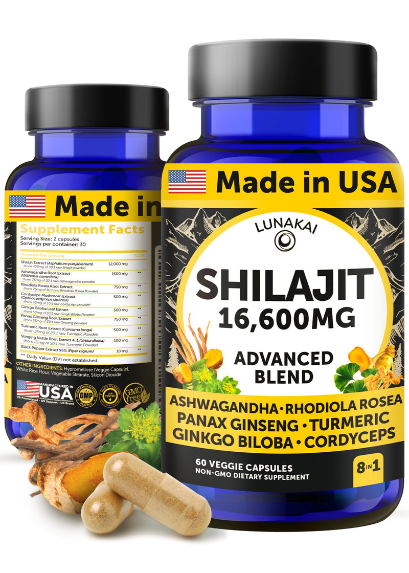 [Australia] - Lunakai USA Made Pure Shilajit Capsules with Ashwagandha, Rhodiola & Cordyceps - Extra Strength Shilajit Extract for Men & Women, 60ct Capsules - Single Bottle 