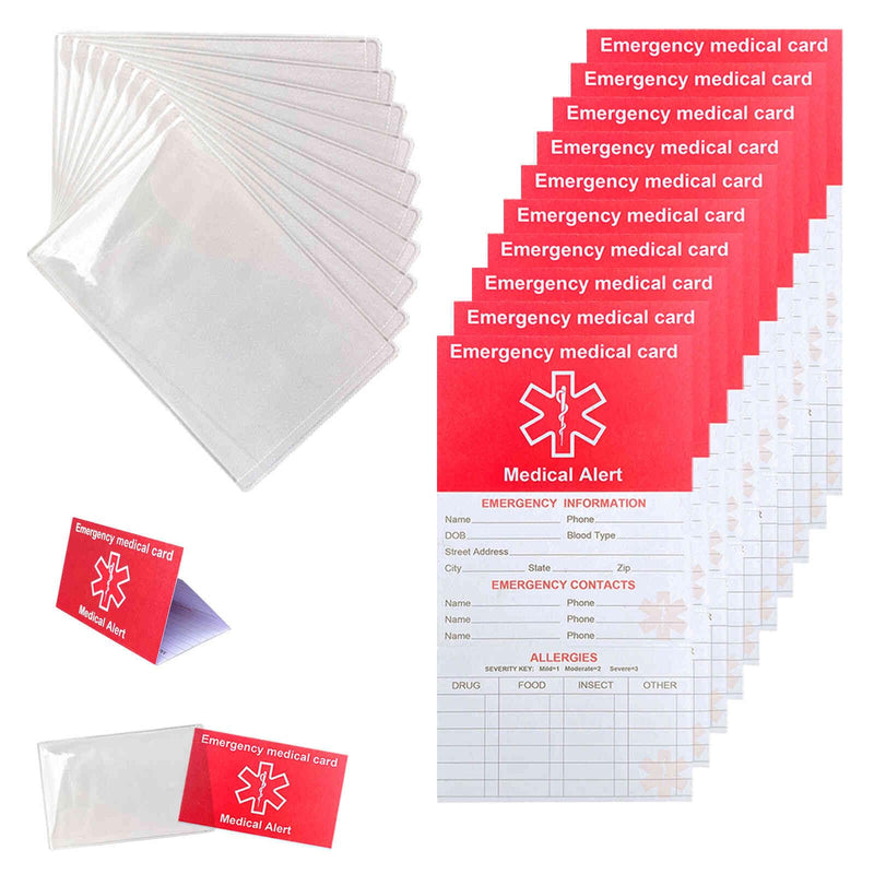[Australia] - 10 Pack Red Medication List Card with 10 Sleeves for Family Members Like Elderly - Emergency Contact ID Card for Wallet, Phone, Pocket, Handbags - Medical Systems for Retirement Community 
