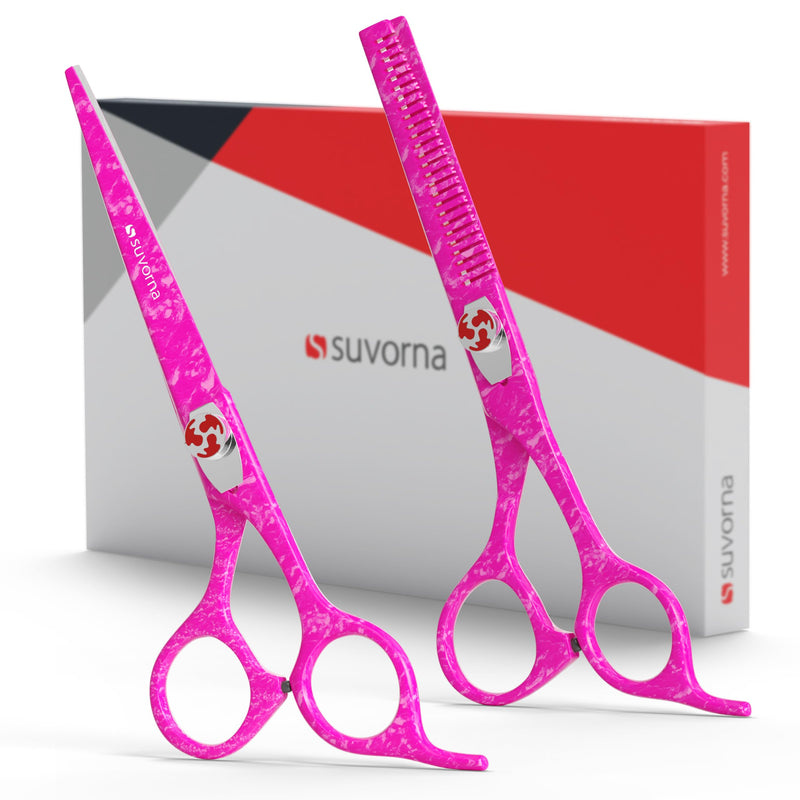 Suvorna Hair Scissors Professional with Thinning Shears for Hair Cutting | 6" Japanese Steel hair cutting scissors | Sharp Barber Scissors for Cutting and Layering | Hair Shears for Women and Men Pink