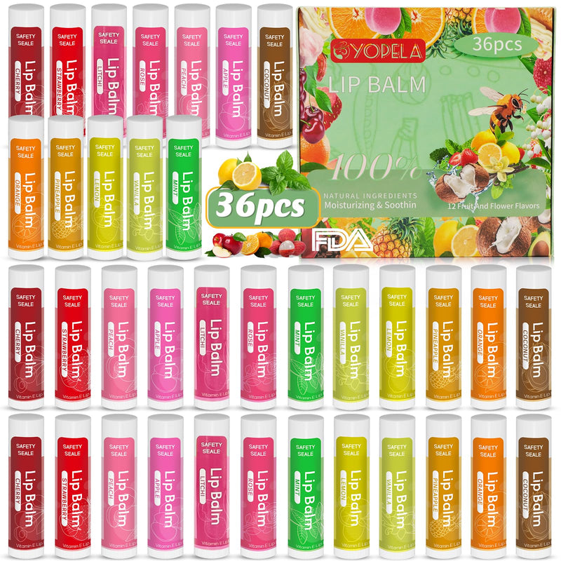 Yopela 36 Pack Natural Lip Balm Bulk with Vitamin E and Coconut Oil - Moisturizing, Soothing, and Repairing Dry and Chapped Lips Valentine's Gift- 12 Flavors - Non-GMO Pack of 36