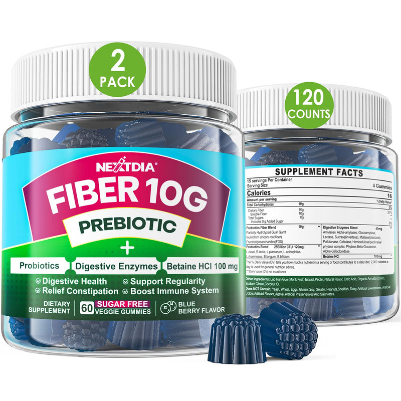 [Australia] - Fiber Gummies for Adults, Sugar Free 10g Prebiotic Fiber Supplement with Digestive Enzymes, Probiotics & 100mg Betaine for Digestive & Gut Health and Regulate Bowel Movement, Vegan, Gelatin Free,120ct 60 Count (Pack of 2) 