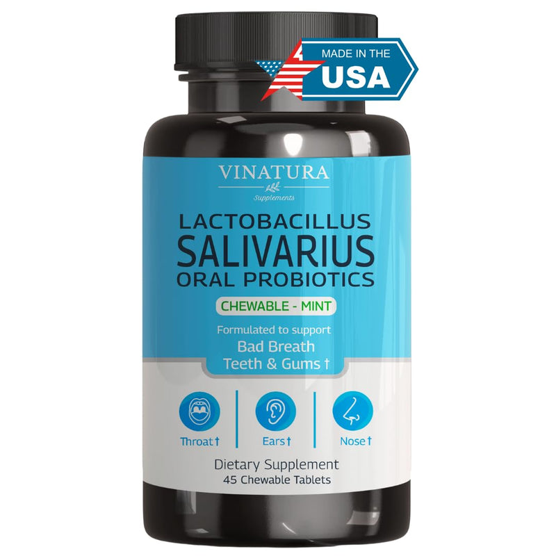 [Australia] - VINATURA Lactobacillus Salivarius Oral Probiotics - Mouth Bad Breath Treatment for Adults, Dental probiotics for Teeth and Gums, Throat, Ear, Nose - 45 Chewable Mint Tablets 