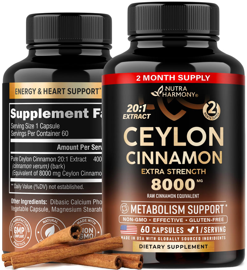 [Australia] - Ceylon Cinnamon Capsules - 8000 mg, Extra Strength - Made in USA - Energy, Heart & Metabolism Support - for Men & Women - Pure Natural Extract 20:1 Supplement - 60 Vegan Pills, 2 Month Supply 