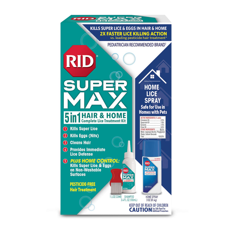 [Australia] - RID Super MAX 5-in-1: Hair & Home Complete Lice Treatment Kit, Kills Super Lice & Eggs in Hair & Home, 3.4 FL OZ Lice Shampoo + Nit Removal Comb + Home Lice Spray 
