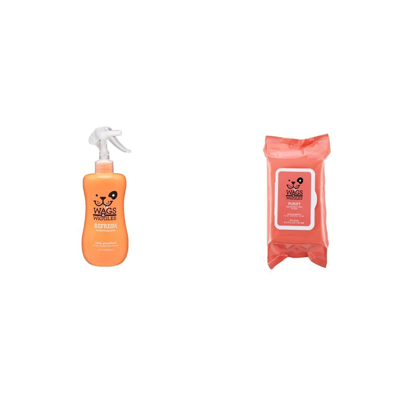 Wags & Wiggles Zesty Grapefruit Scent Bundle: Refresh Deodorizing Spray, 12 Fl Oz and Nourish Moisturizing Wipes, 100 Count - Gently Clean, Condition & Combat Odors Without a Bath - PawsPlanet Australia