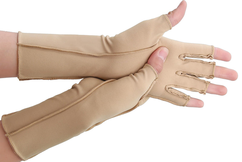 [Australia] - NURCOM Compression Arthritis Gloves, Rheumatoid Pain Relief Compression Gloves for Women & Men, Premium Fingerless Circulation Gloves for Arthritis & Joint Pain, Swelling, Tendonitis, 1 Pair Beige S Small Fits Most 6.5" - 7.5" 