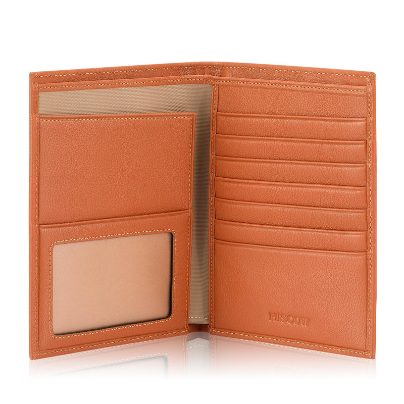 HISCOW Leather Passport Holder for Travel, Bifold Wallet, Tan | Full grain cowhide, RFID blocking, 7 card slots, cash compartment, frosted ID window, travel essentials, premium gift box