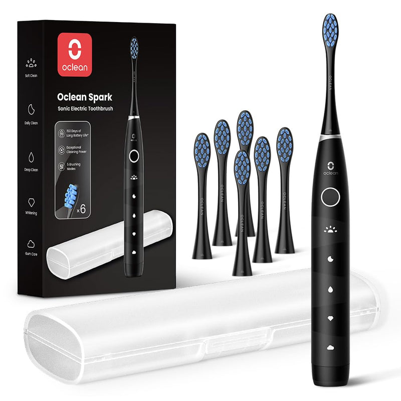 Oclean Electric Toothbrush for Adults, 150 Days Battery Life Electric Toothbrush, USB Rechargeable Sonic Travel Toothbrush with 6 Brush Heads & Travel Case, 5 Modes and Smart Timer Black