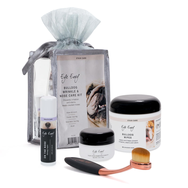 Eye Envy Bulldog Wrinkle Cleaner & Nose Care Kit. Bulldog Wrinkle Wipes, Tear Stain Powder, Applicator Brush & Dog Nose Balm. Cleans Skin Folds. Removes Stains. Helps Cracked Noses. Made in USA - PawsPlanet Australia
