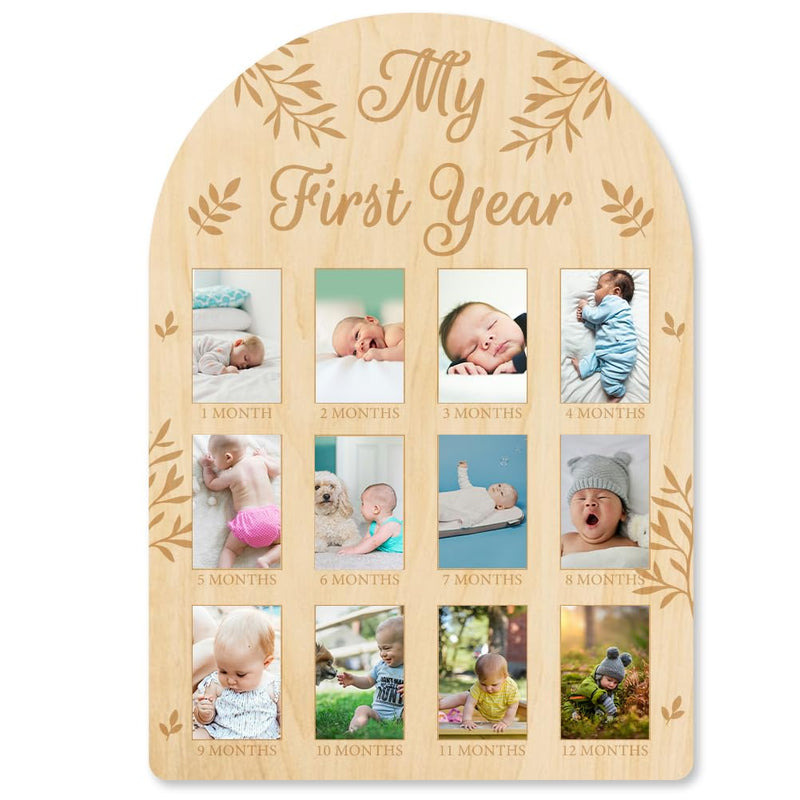 [Australia] - My First Year Baby Growth Photo Display Wood Board - 12 Months Newborn Milestones Picture Frame - Neutral Baby Keepsake Board 1st Birthday Party Nursery Decor New Mom Gift - Leaves Pattern 